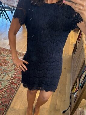 Classic Navy Lace Short Sleeve Shift Dress